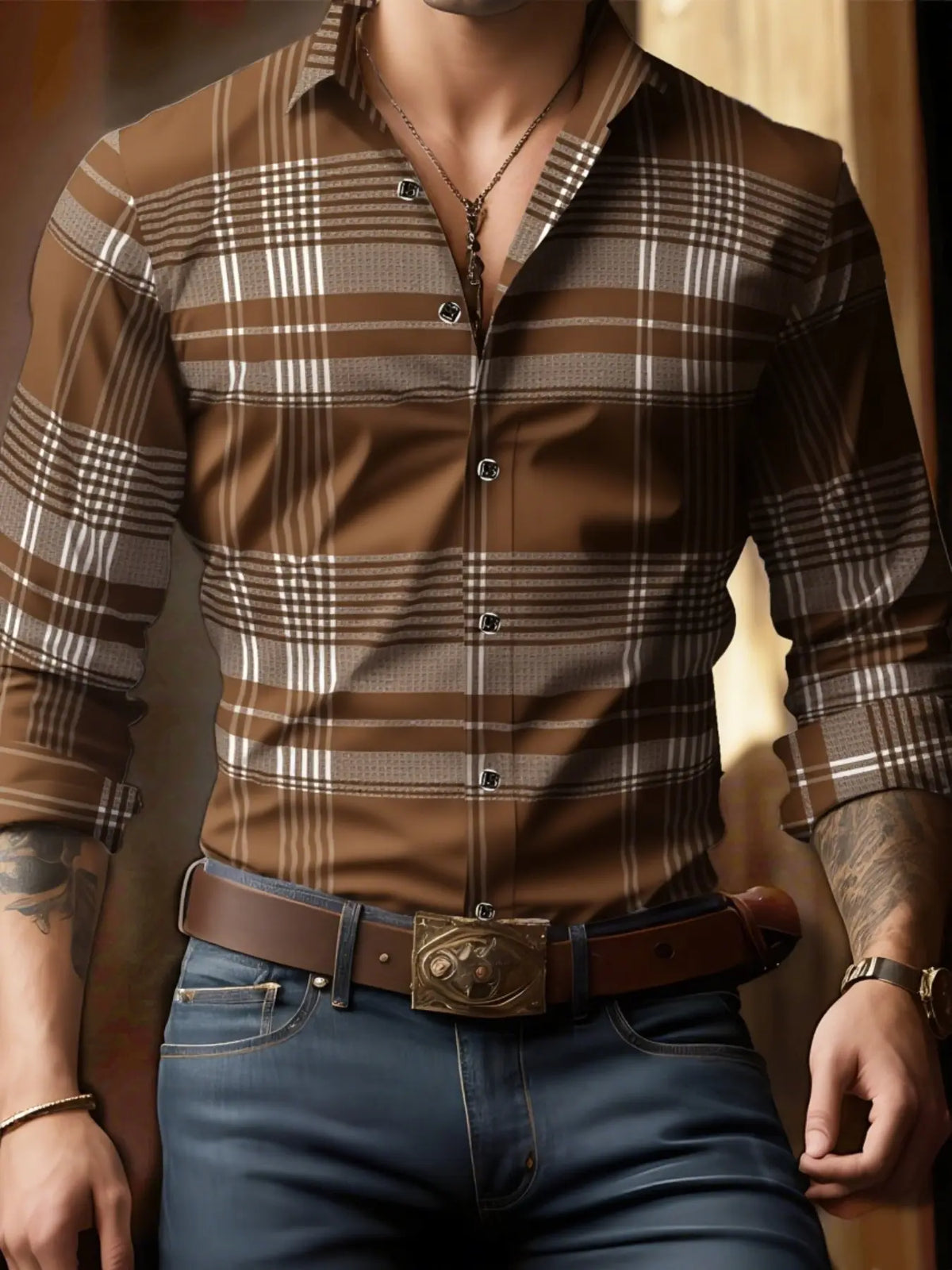 Men's Long Sleeve Casual Plaid Collared Shirt, Button Up Design, Simple Design, Ideal for Dates & Social Events, Great for Spring, Summer & Fall
