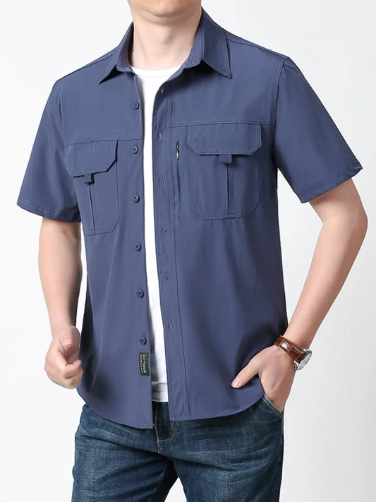 New Summer Outdoor Casual Multi-Pocket Workwear Short Sleeve Man Shirt, Breathable Thin Climbing Sports Top, Solid Color Short Sleeve Shirt, Lightweight Apparel