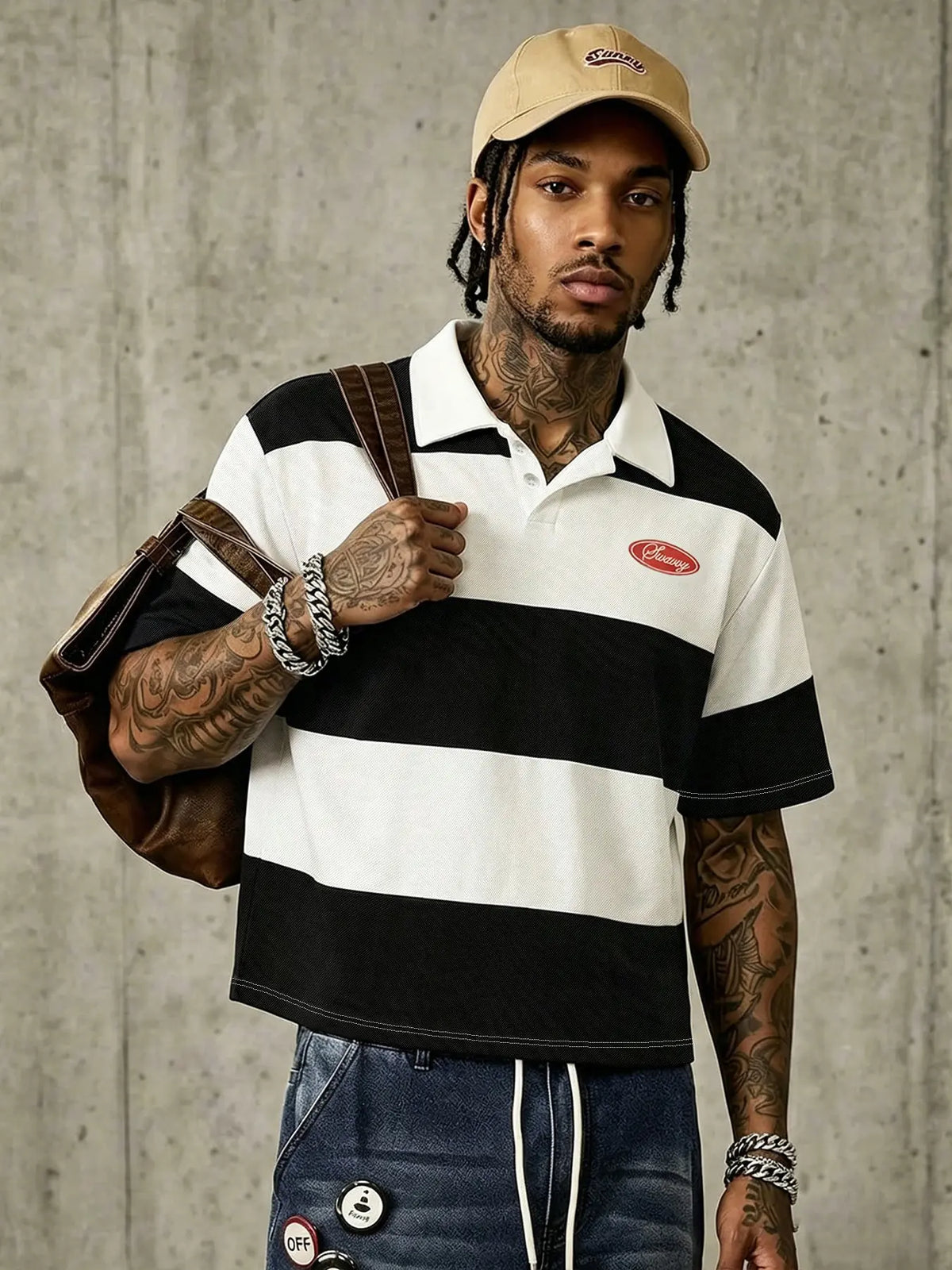 American College Style Classic Casual Striped Polo Streetwear, Casual Polo Shirts, Loose-Fitting Turn-Down Collar Short-Sleeve T-Shirt, Versatile Top for Men, Menswear