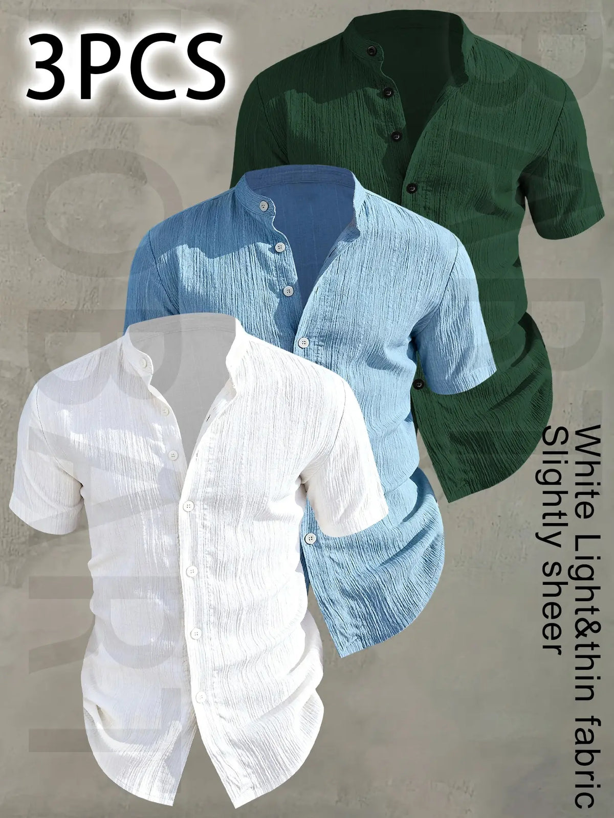 3pcs Set Men's Summer Short Sleeve - Lightweight Breathable Plain Color Button-Up Casual Shirt with Stand Collar, Low-cut collar designr Beach Vacation, Pool Party & Casual Attire, Beach Shirt, Collared Fitted Shirt, gift for husband