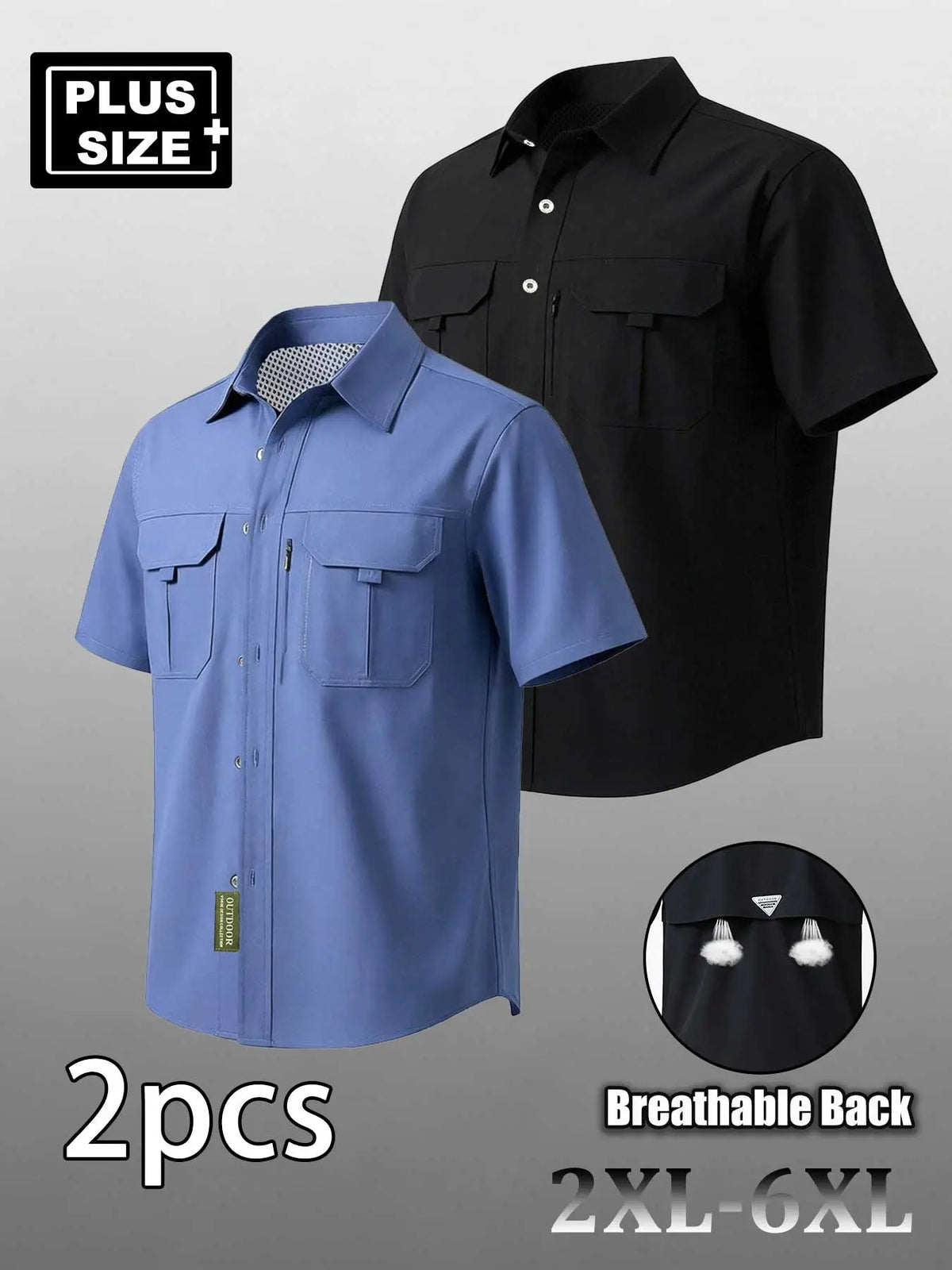 Plus Size Men's Casual Loose Summer Shirt, Short Sleeve Shirt with Multiple Pockets, Zip Details, Breathable Elastic Fabric, Casual Breathable Design, Ideal for Commute & Outdoor Activities, Top