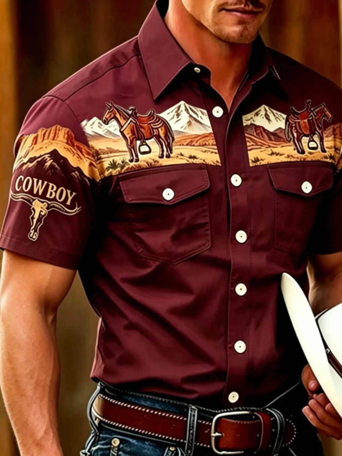 American Western Print Retro Short Sleeve Shirt for Men, Casual Slim-Fitting Workwear Top with Dual Pockets, Stylish and Comfortable, Classic, Casual Collared Shirt, Cowboy Print Shirt, Casual Fashion Shirt, Menswear