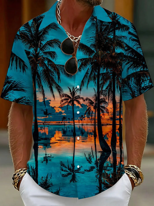 Men's Button-Down Hawaiian Collared Tropical Short-Sleeve Casual Graphic Shirt with Sunset, Coconut Grove, and Ocean View Print
