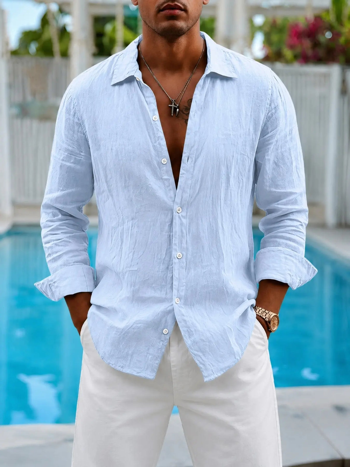 Men's Spring/Autumn Everyday Wear, Beach Vacation Style, Casual Streetwear Style, Roll-up Sleeve Linen Blend Collared Shirt, Suitable for Home, Outdoor, Urban, Street Style, Casual