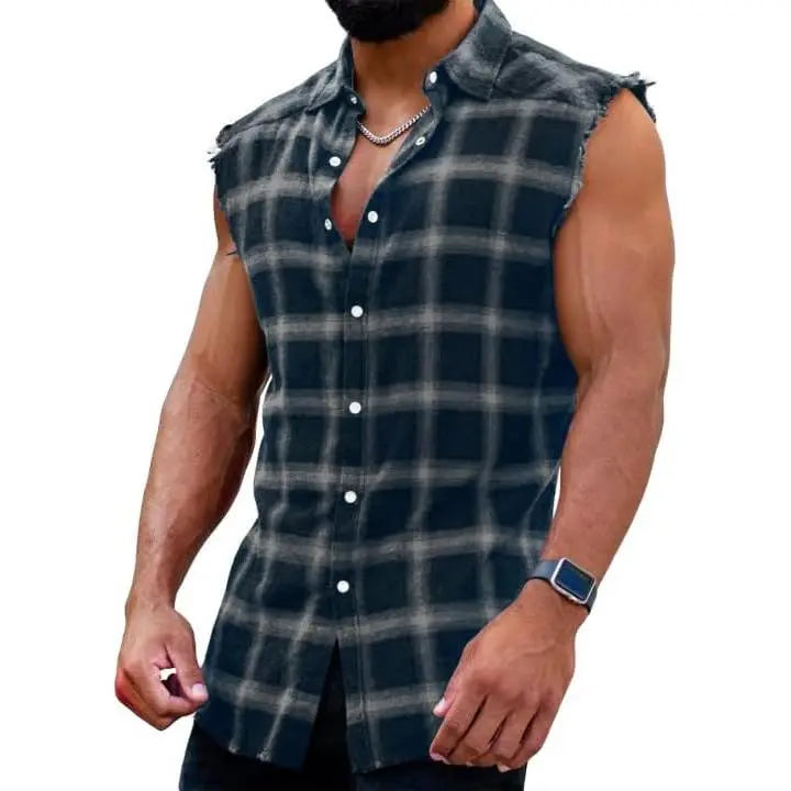 PASLTER Men's Cooler Sleeveless Checked Plaid Front Style Cotton Casual Fashion Shirt, Button-Down Cowboy Vest Top, Men's Clothing B1Y009,clothes for back to school,first day of school outfits