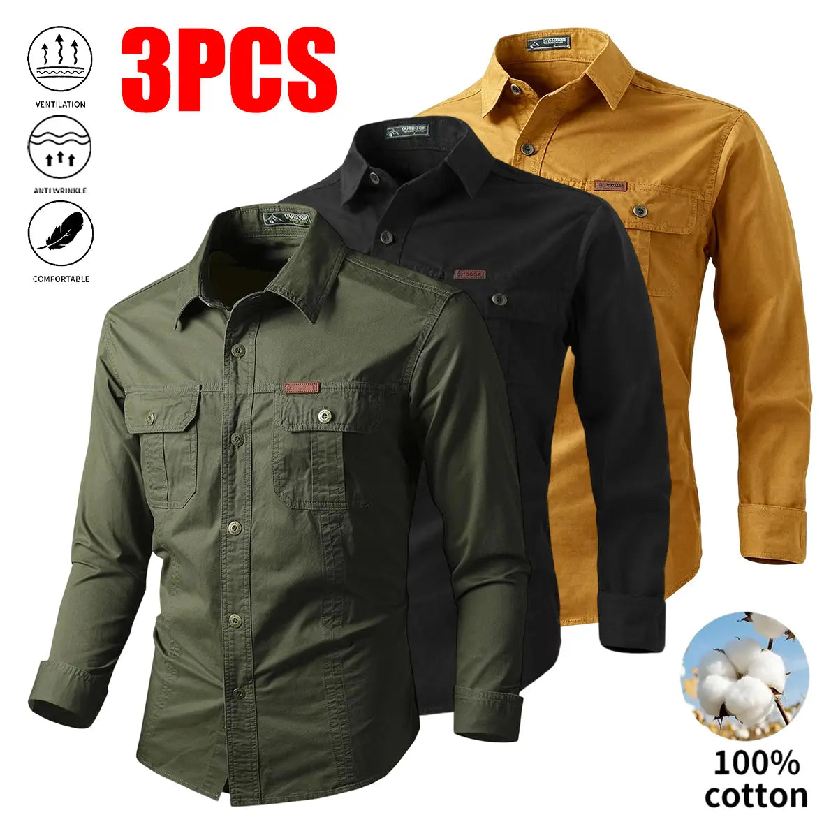 Set of three pure cotton long-sleeve work shirts for men: button-up work/utility tactical shirt for fishing and hunting; casual loose-fit long-sleeve button shirt with two pockets, suitable for outdoor hunting.
