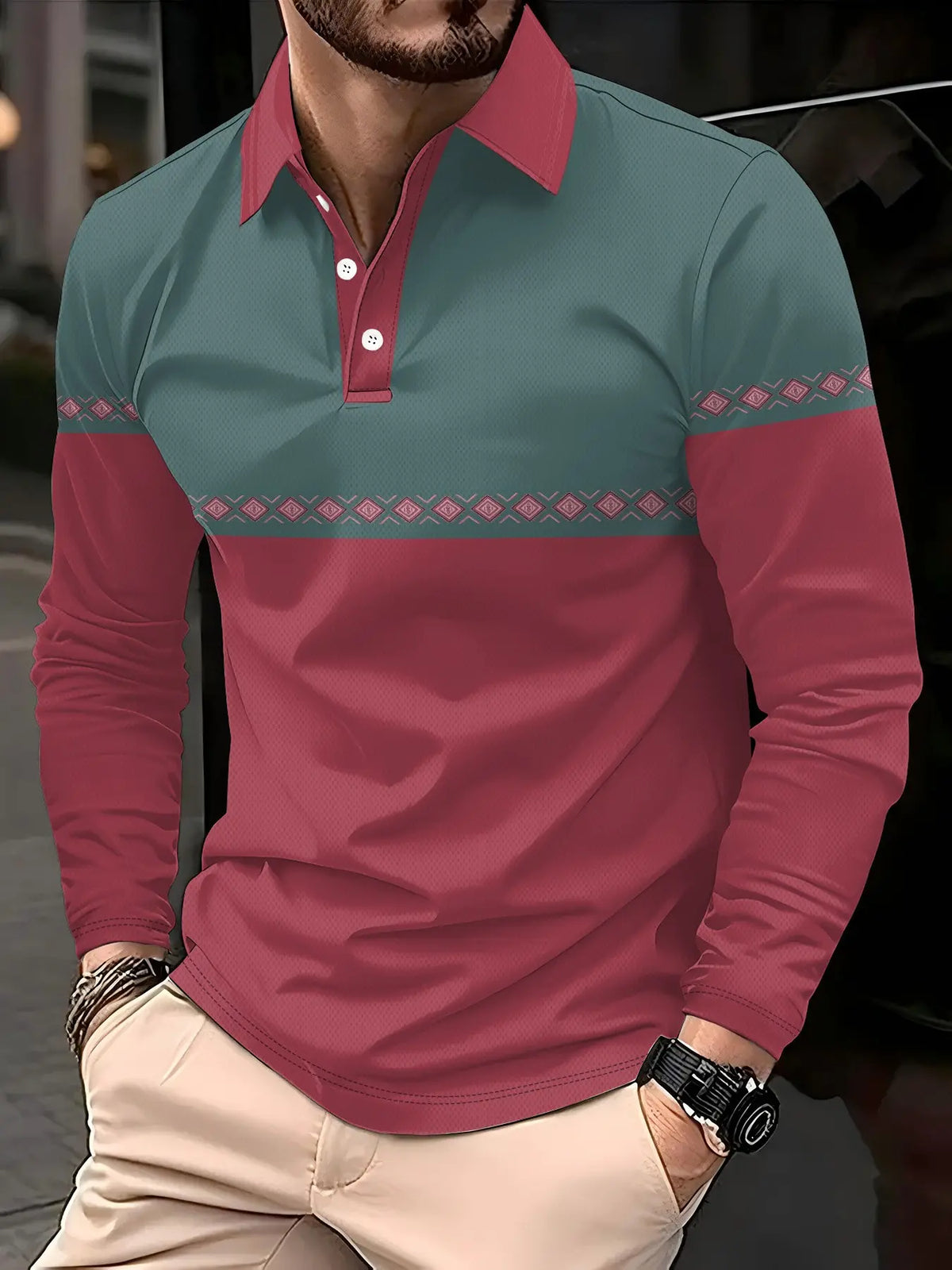 Men's Long Sleeve Knitted Polo Shirt, Casual Polo Shirts, Colorblock Knitwear, Casual Fashion Top, Trendy Contrast Design, Slim-Fitting, All Seasons