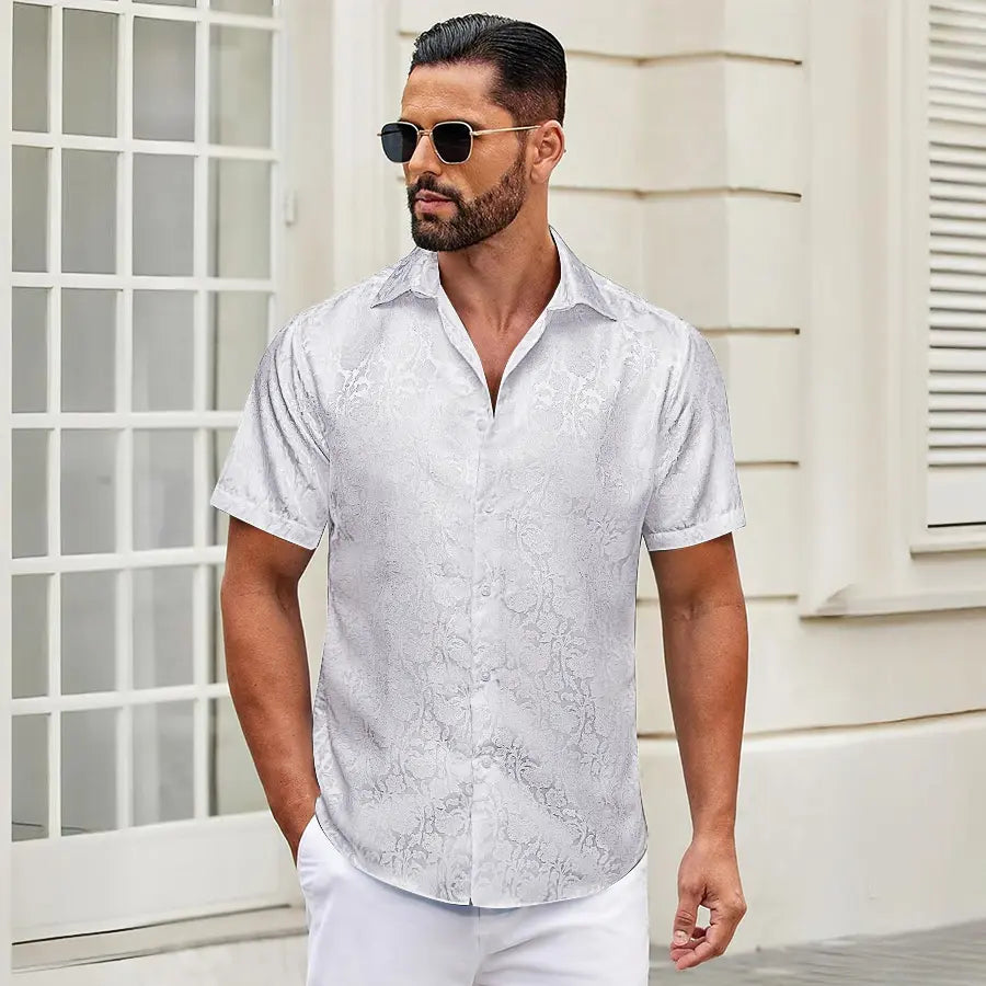 Ailisus Men's Slim Fit Paisley Shirt, Short Sleeve Casual Button-Down Polyester Top for Wedding & Party Wear, Shortsleeve, Men's Casual Shirts, Fabric, Slim Fit Ease, Wash‑Resists Pilling