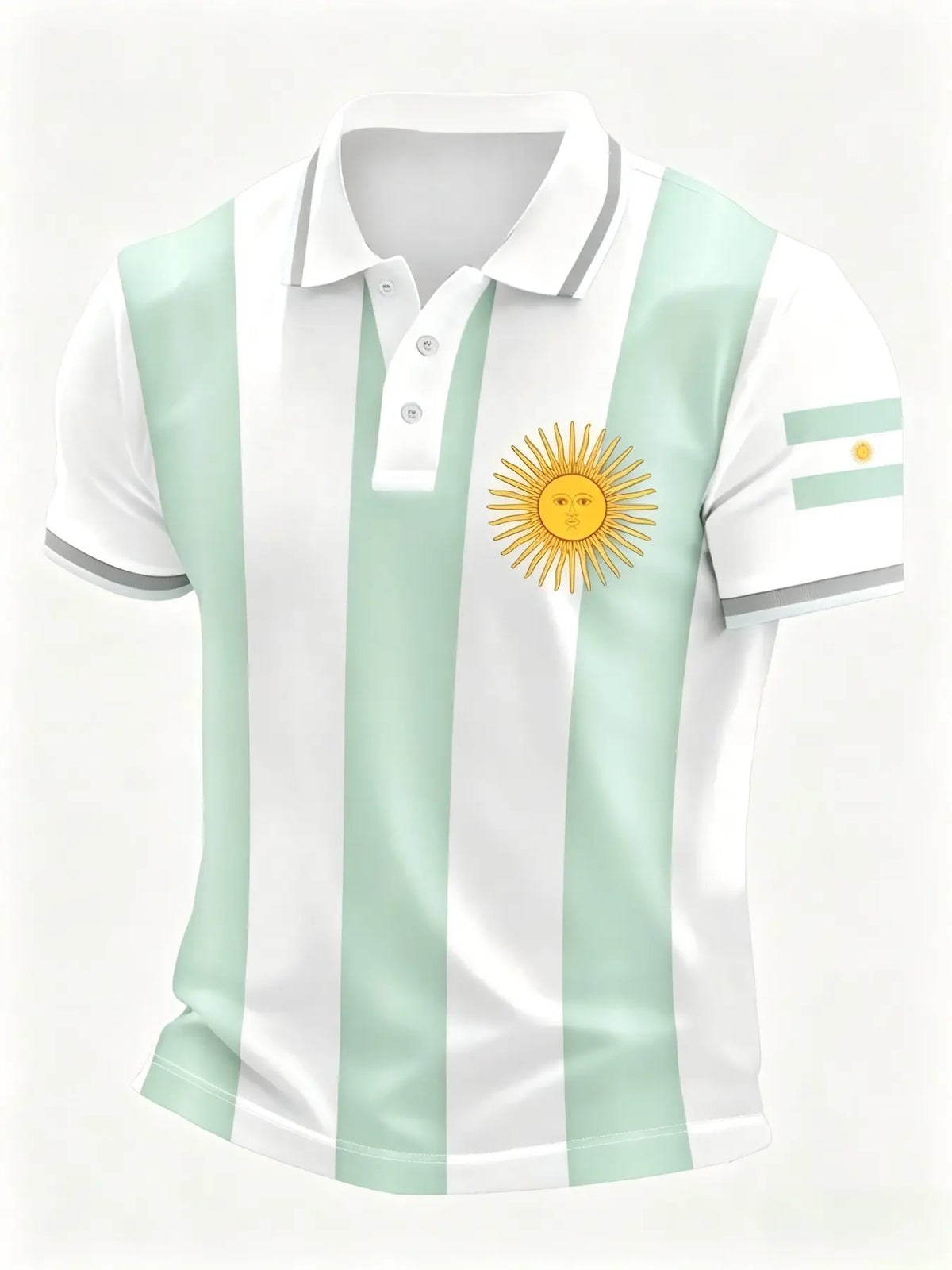 Men's Argentina-Themed Polo Shirt, Striped Polo Tee, Blue Striped Sun-Print Short-Sleeve Top, Summer Fan Fashion Casual Slim-Fit T-Shirt