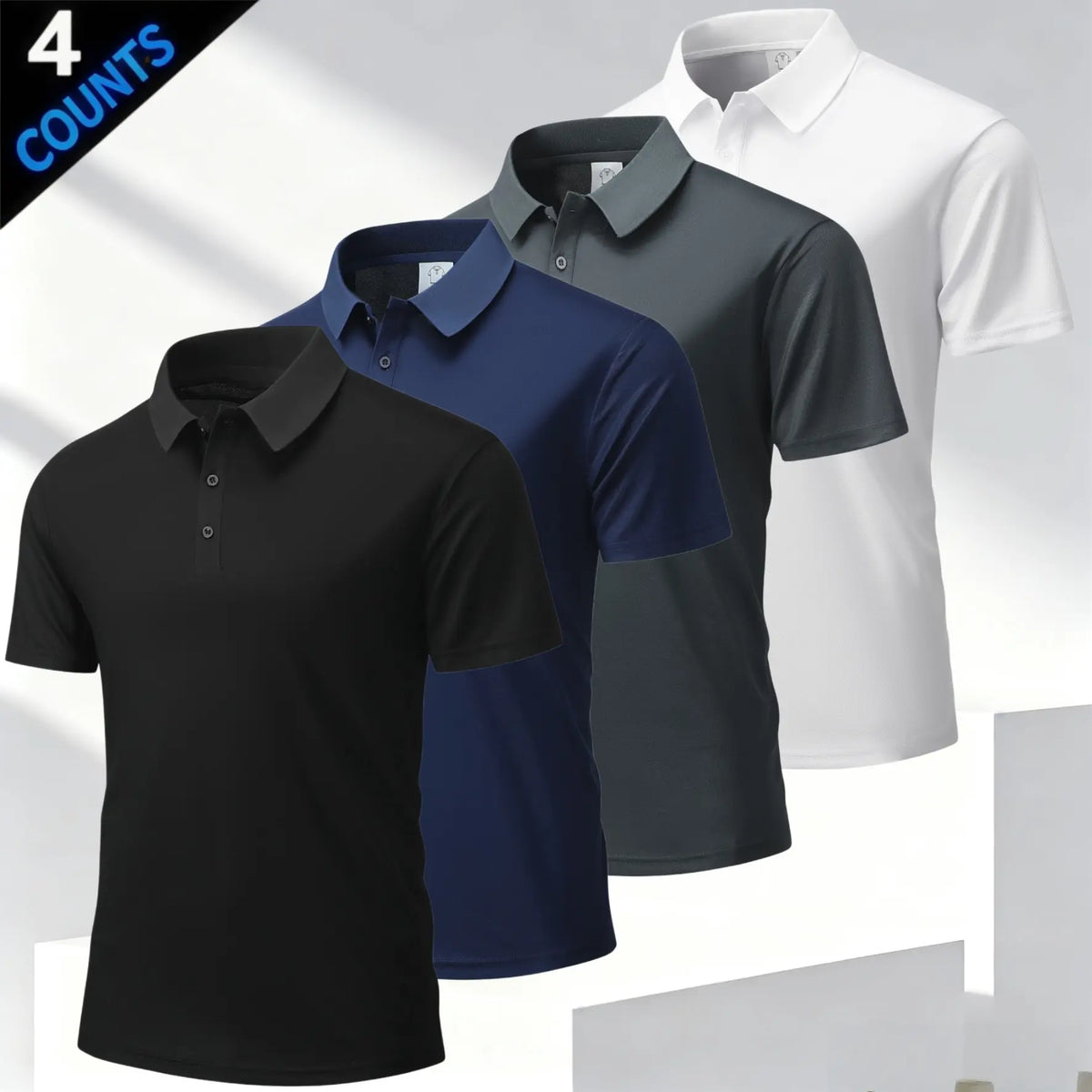 Men's 4 Plain Short-Sleeve Smart Casual Polo Shirts Top, Business Style with Classic Turn-Down Collar, Refined Buttons, Breathable Skin-Friendly Mesh Fabric, Versatile Multi-Season Fit