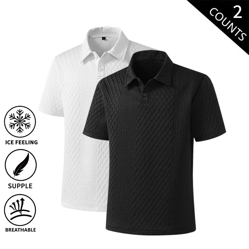 Men’s Basic Loose-Fit 2-Pack Summer Ice Polo Shirts - Breathable Knit Athletic Tops, Sporty Chic Black + White Styles for Golf, Everyday Wear