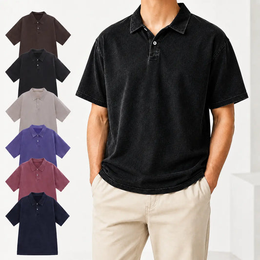 Vintage Washed Polo Shirts for Men American Retro Oversized Fit Casual Short Sleeve Tops Flattering for All Body Types Versatile for Daily Commute Travel Summer Must-Have.