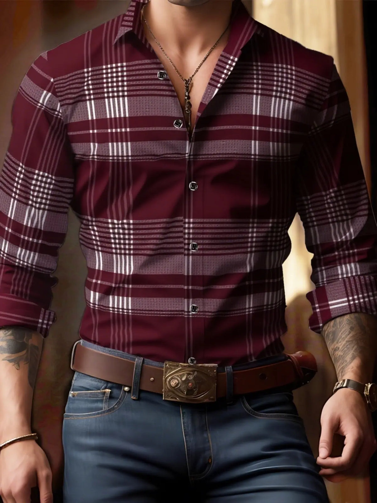 Men's Long Sleeve Casual Plaid Collared Shirt, Button Up Design, Simple Design, Ideal for Dates & Social Events, Great for Spring, Summer & Fall