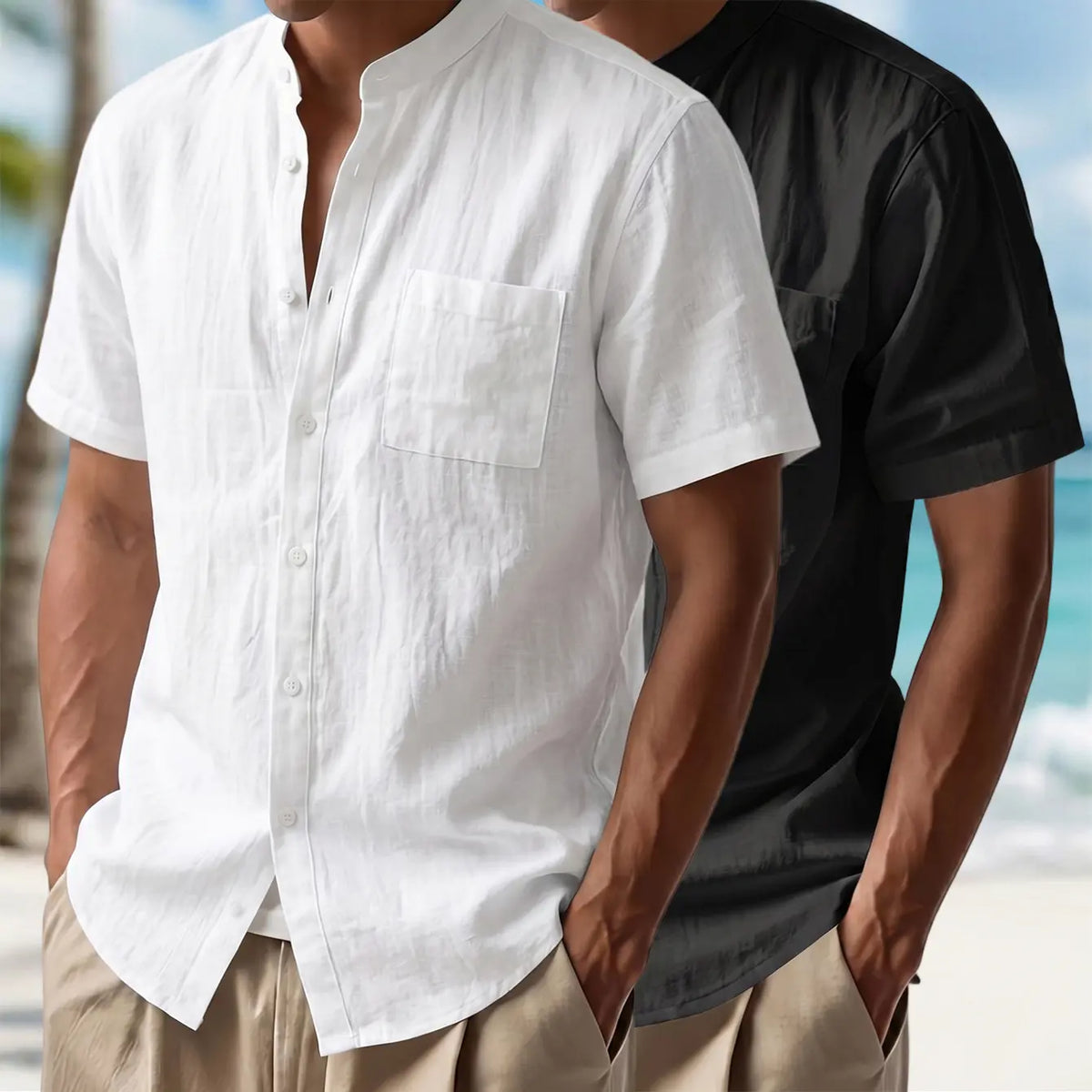 Men's 2-Pack Plain Casual Cotton-Linen Short-Sleeve Shirts - Stand Collar, Single-Button Front, Pocketed Tops, White + Light Blue, Breathable for Hot Days, Vacation Wear