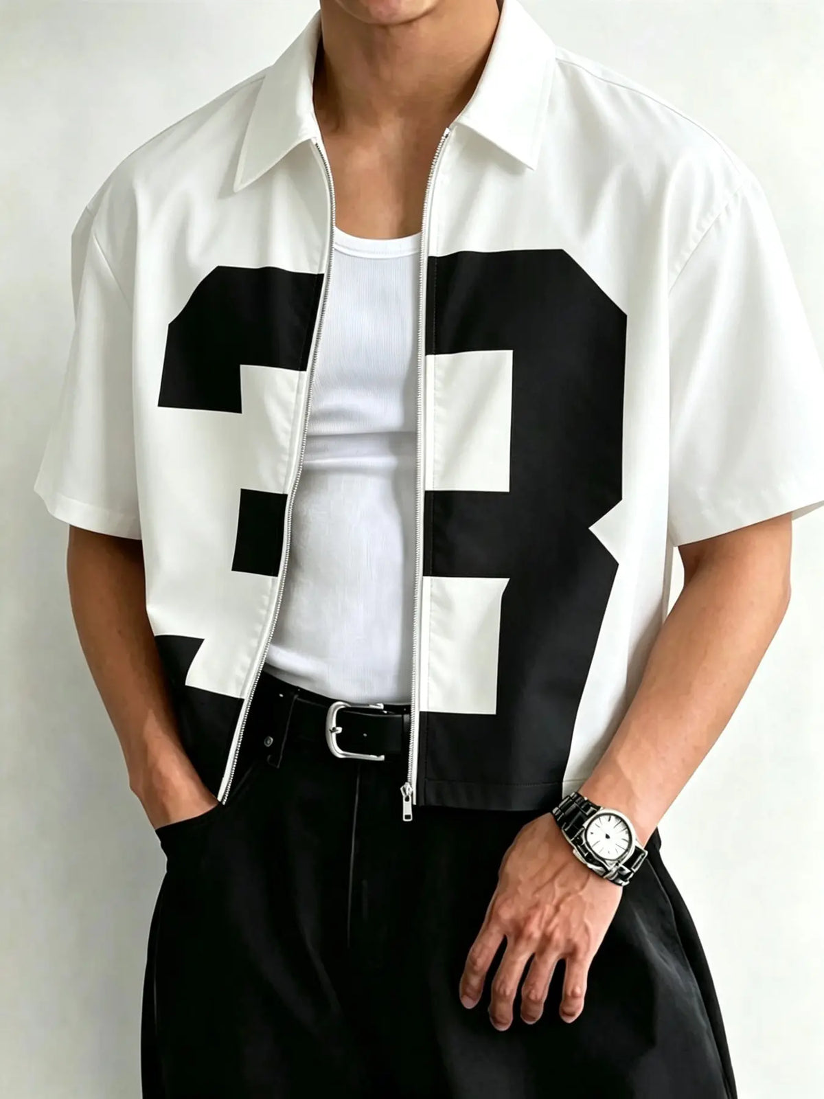 Short Cropped Lapel Short Sleeve Zipper Shirt, Clean Fit Streetwear, Y2K Style, Casual Daily Wear, Music Festival, Collared Fitted Shirt