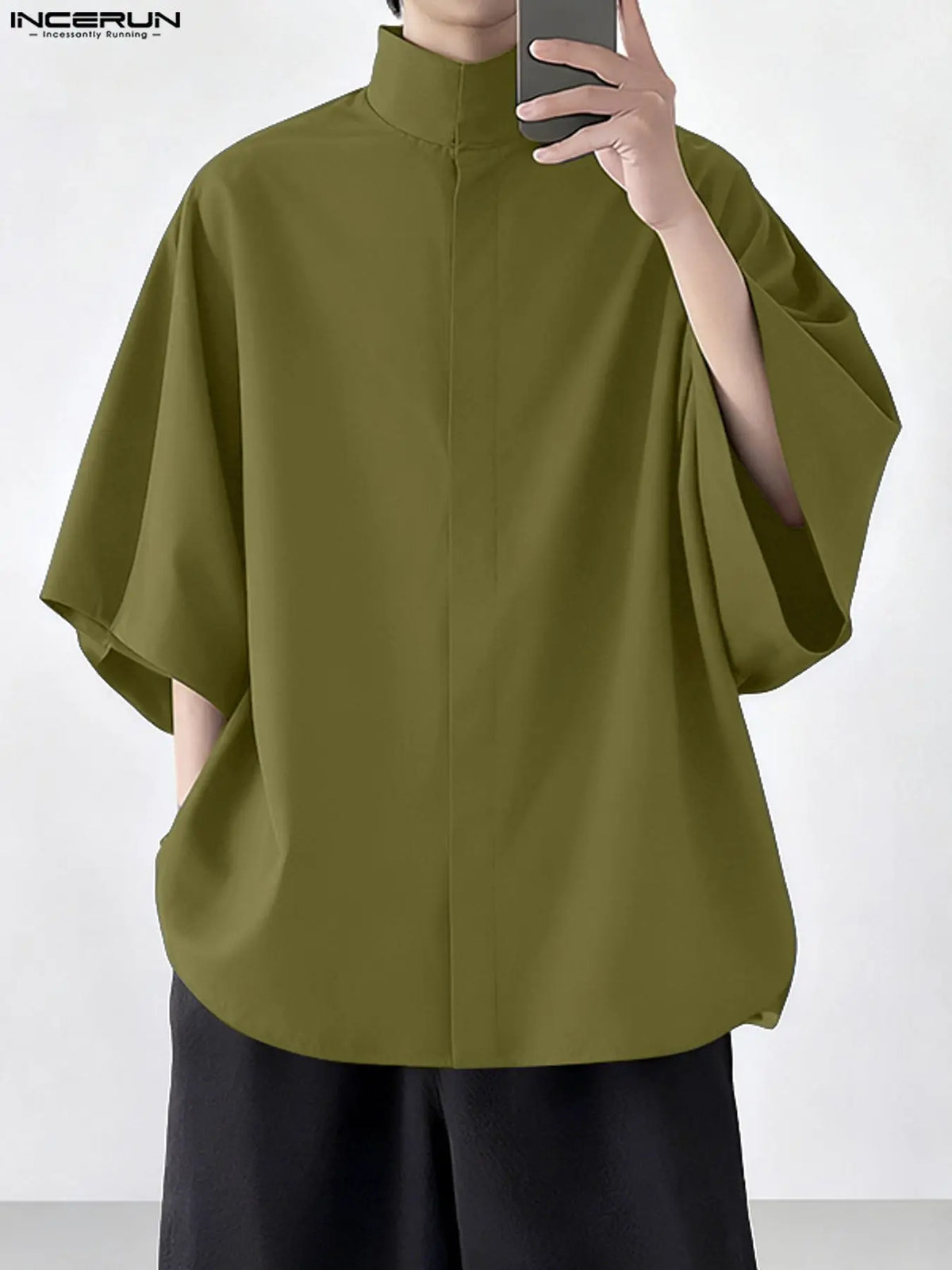 INCERUN Men's Plain Half Sleeve Hoodie, Casual Loose-Fitting Long Shirt, H Type Silhouette, Perfect for Early Autumn Fashion