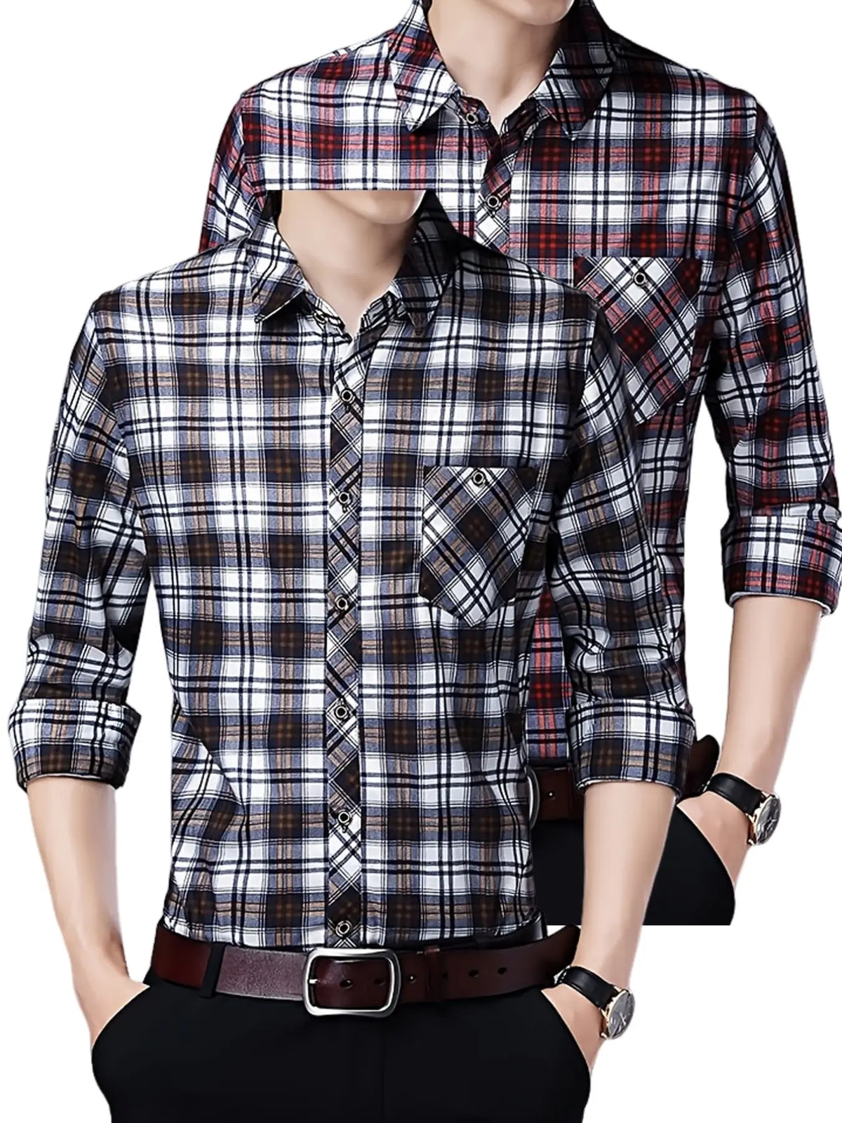 Men's Long Sleeve Classic Style Casual Checkered Shirt 2-Pack, Casual Plaid Shirt, Stylish Button-Up Shirts for Everyday Wear, Comfortable Fit for All Occasions, Casual Wear Clothes