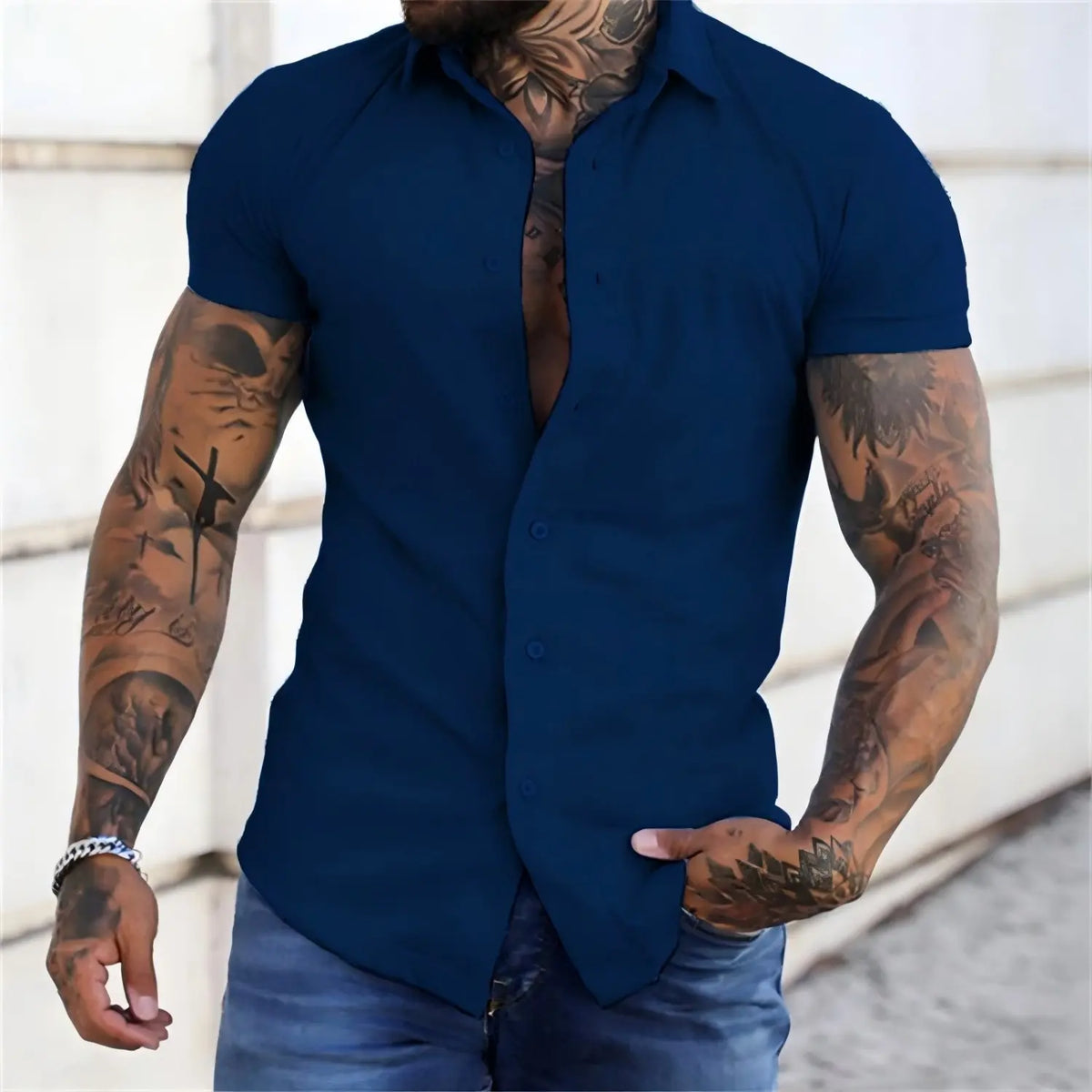 Men's Muscle Fit Short-Sleeve Collared Neck Dress Shirt - Plain, Wrinkle-Free Retro Tribal Button-Down Top, Casual Menswear Cardigan-Inspired Shirt