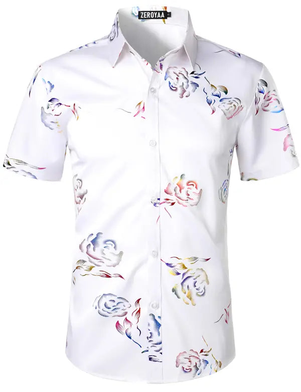 ZEROYAA Mens Hipster Gold Rose Printed Slim Fit Short Sleeve Button Down Dress Shirts Casual Summer Style Casual Fashion,back to school,back to school shopping
