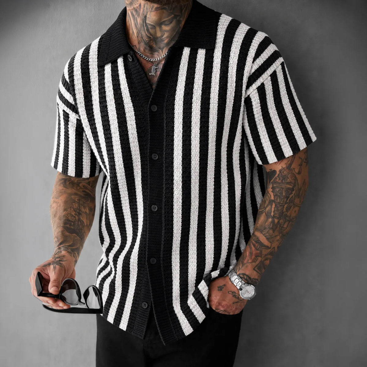 Men's Striped Knit Fabric Button Up Top - Short Sleeve, Collared, Lightweight, Breathable, Textured Menswear for Casual Outings, Beach Party, Weekend Travel
