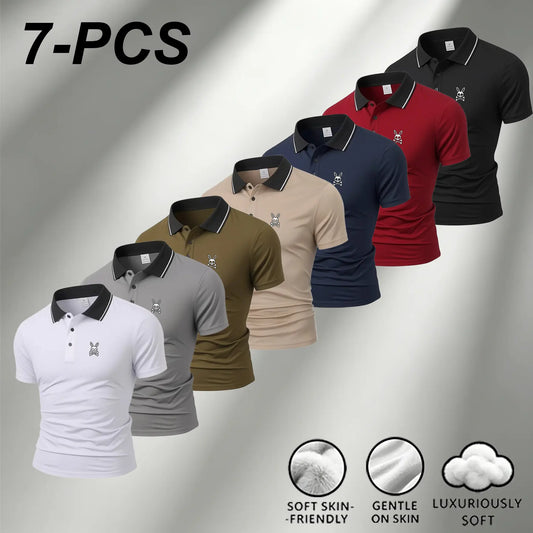 Men's Knit Printed Polo Shirt - Contrast Collar, Slim Fit, Short Sleeves, Honeycomb Mesh Breathable Fabric, Cartoon Design, Smart Casual Style for Business Wear, Lapel Top, Chic, Embroidered
