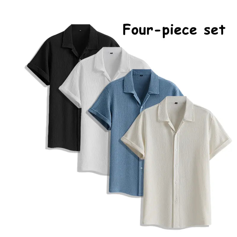 Men's 4-Pack Button Up Short Sleeve Collared Dress Shirts, Stylish Solid Color Men's Clothing Top, Comfortable Breathable Lightweight Turn-Down Collar Shirts for Commuting