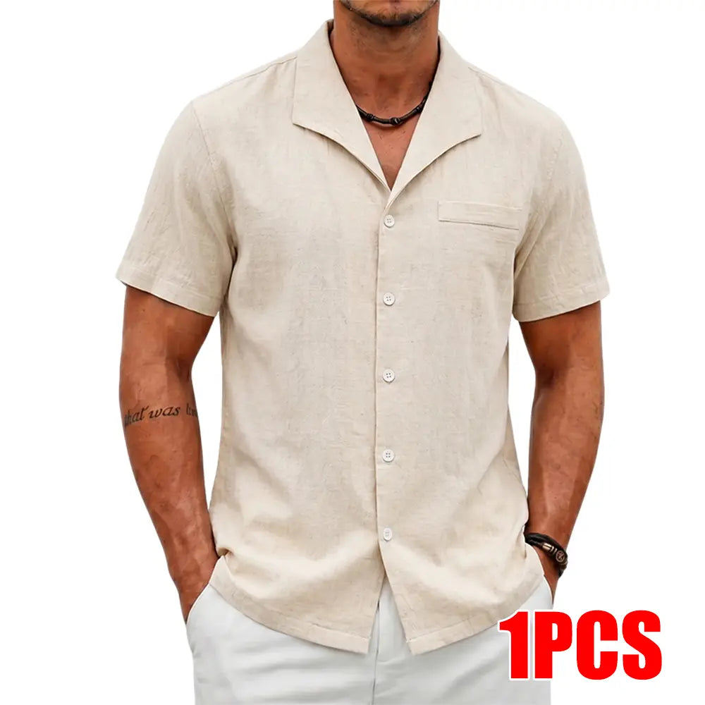 Men's 3-Pack Classic Cuban Collar Shortsleeve Shirts, Linen Blend Button Up Design Casual Button Front Tops, Breathable Casual Style for Daily & Beach Wear