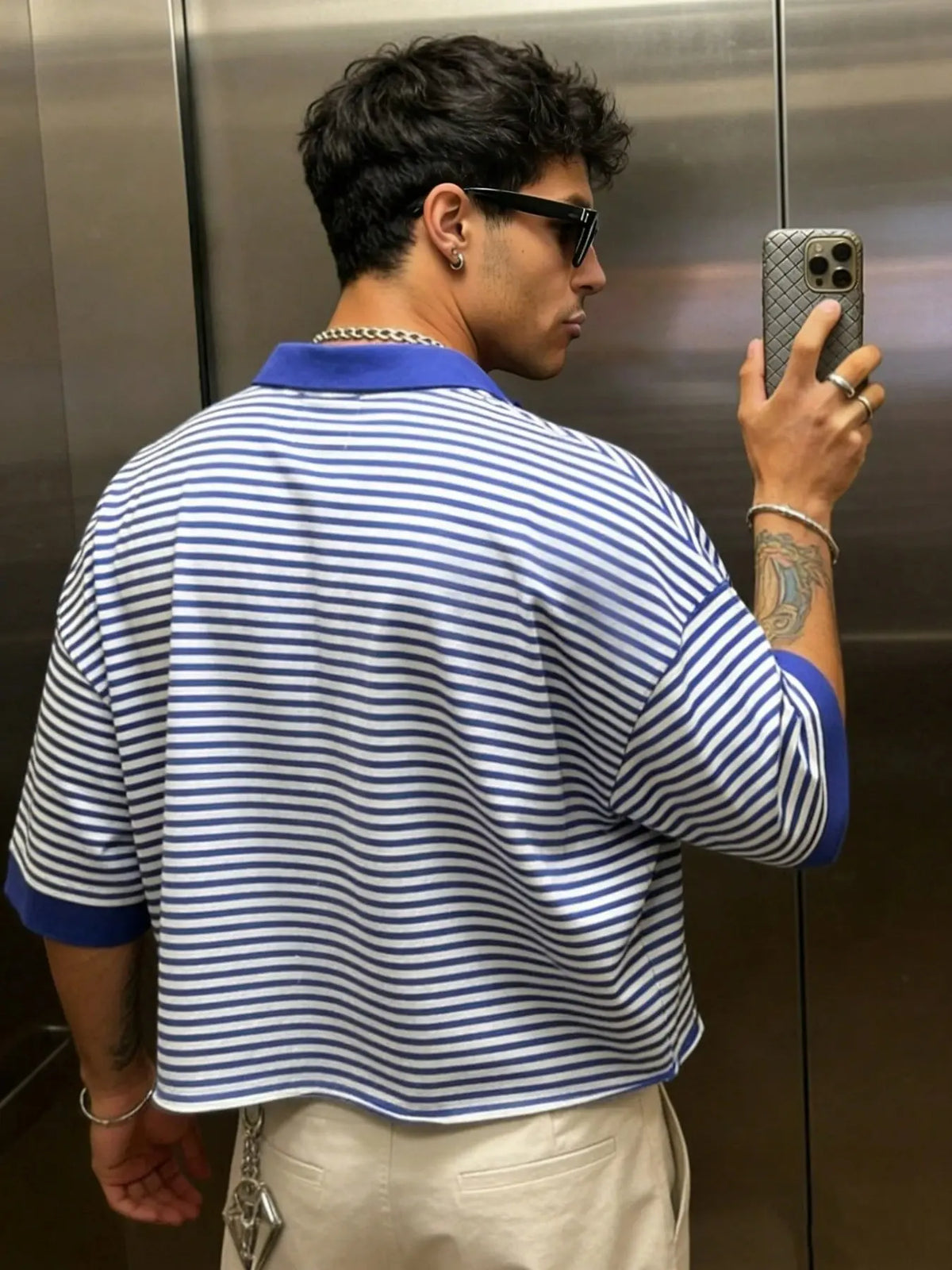 1 Pack Men's Cropped Oversized American Buttoned Polo Shirt Blue White Striped Striped Polo Neck Loose Fit Casual Preppy Fashion Short Sleeve Polo Top for Men Summer Daily Street Commute Wear