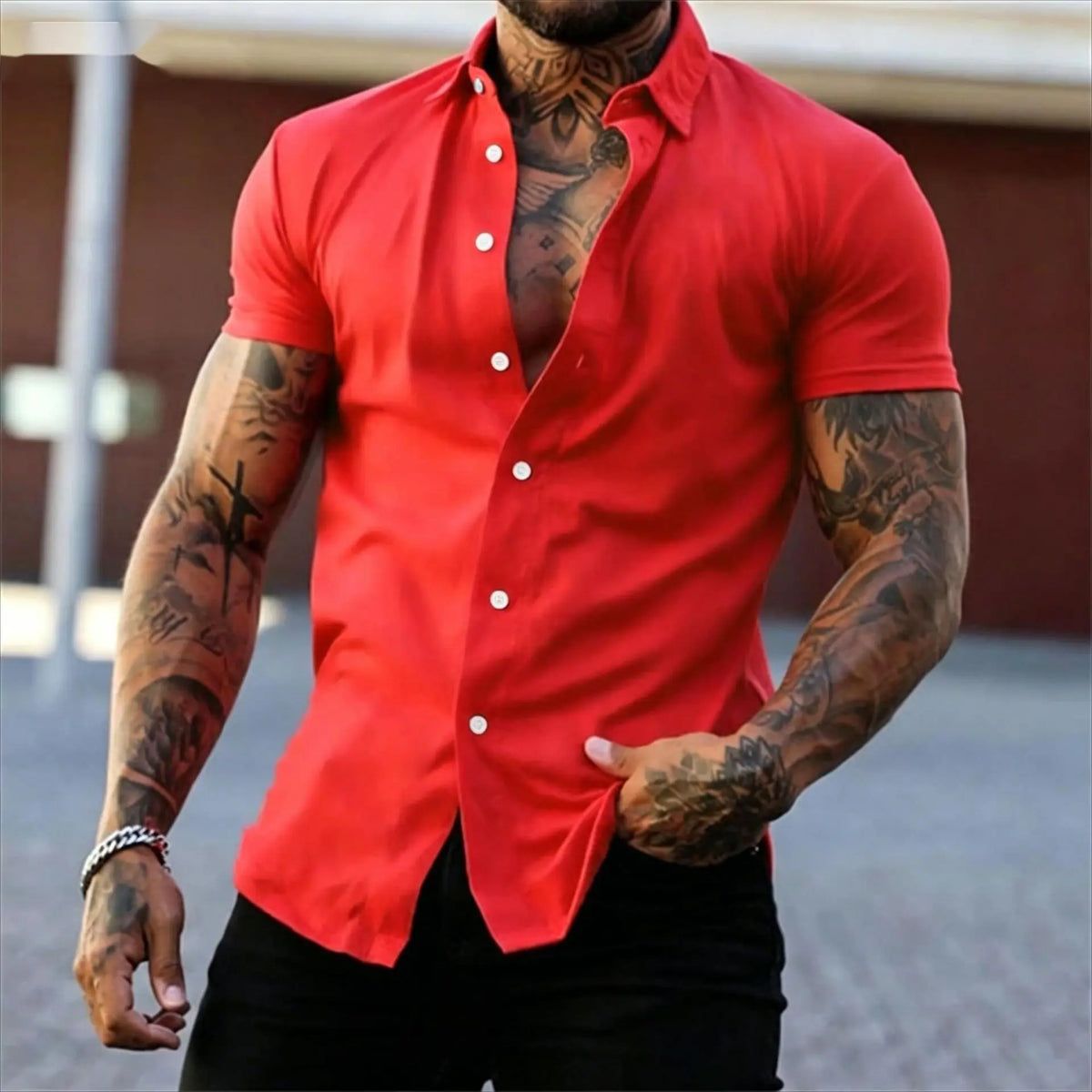 Men's Muscle Fit Short-Sleeve Collared Neck Dress Shirt - Plain, Wrinkle-Free Retro Tribal Button-Down Top, Casual Menswear Cardigan-Inspired Shirt