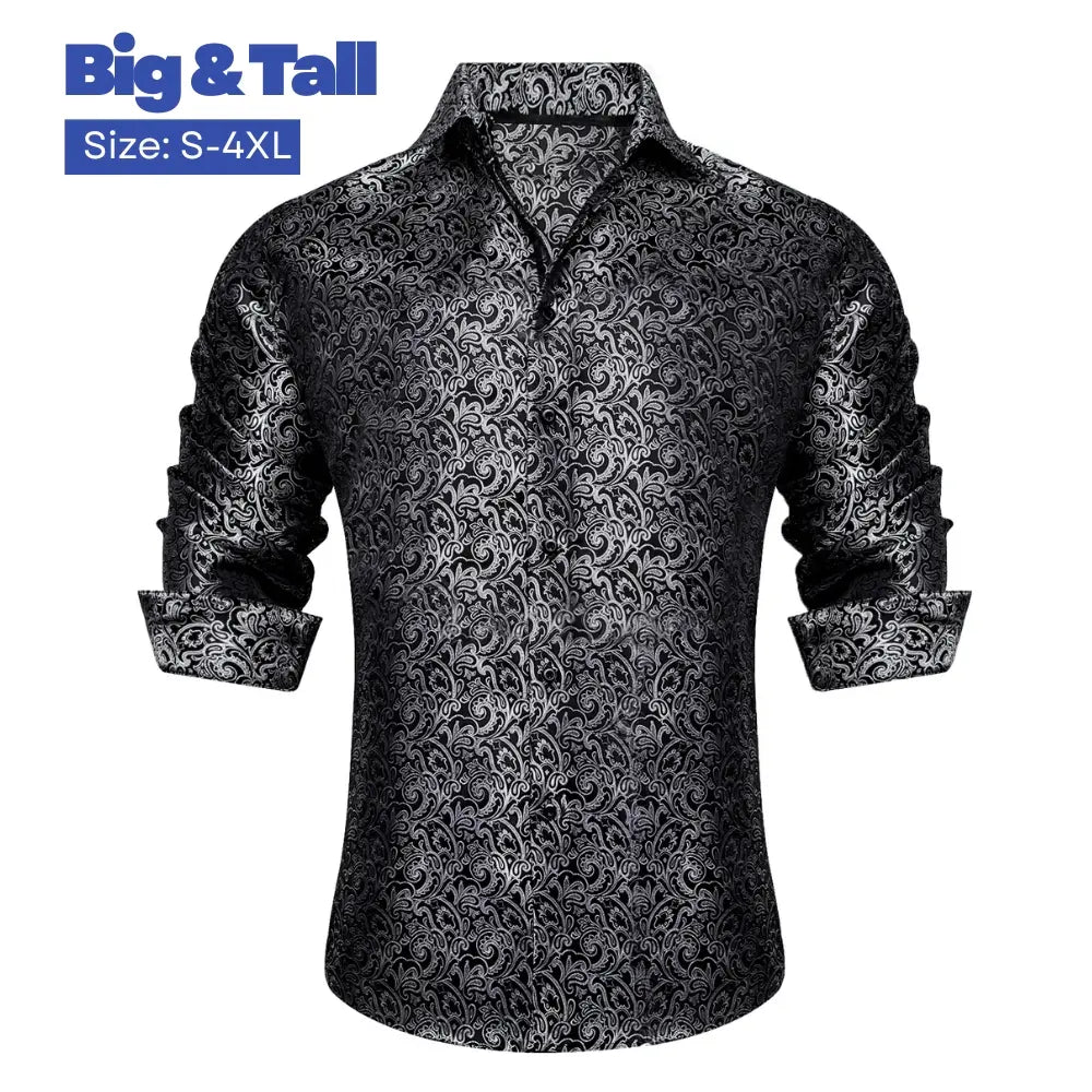 AILISUS Men's Oversize Floral Jacquard Paisley Button Shirt - Black/Gray, Business Casual Work Wear, Ideal for Dances, Graduation, Show, Party Wear, Gifting Option