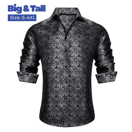AILISUS Men's Oversize Floral Jacquard Paisley Button Shirt - Black/Gray, Business Casual Work Wear, Ideal for Dances, Graduation, Show, Party Wear, Gifting Option