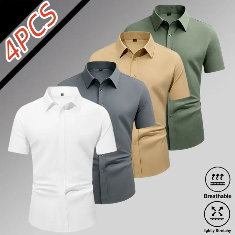Sohochic Men’s 4-Pack Ice Silk High-Stretch Short Sleeve Shirts - Top Wardrobe Staples, Slim-Fit Button-Front Turn-Down Collar, Summer Breathable Skin-Friendly Drapey No-Iron Business Commuter Shirts
