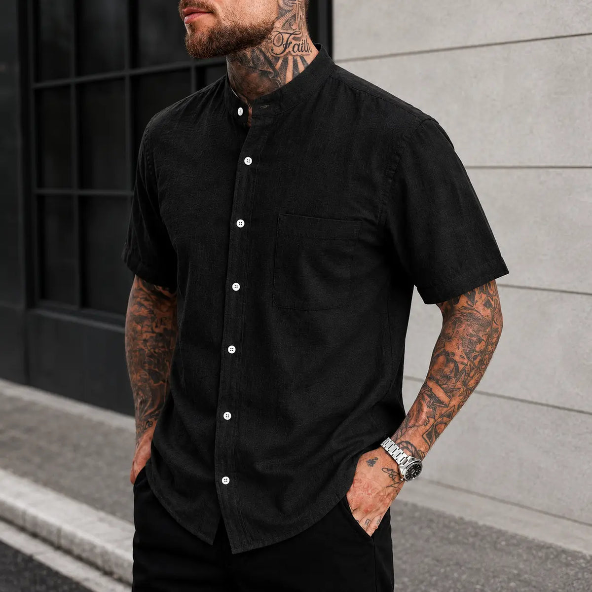 Men's Linen Blend Short Sleeve Button Down Shirt, Mandarin Collar, Lightweight Breathable Tops for Summer Beach, Menswear Plain Stylish Pocket Shirt
