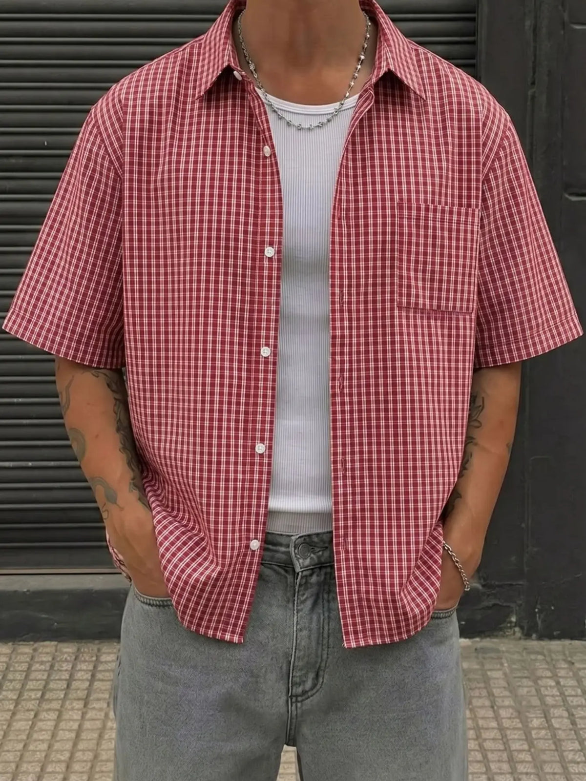 Men's Summer Plaid Gingham Checkered Loose Fit Short Sleeve Aesthetic Shirt, American Classic Vintage Casual Breathable Top, Ideal for Vacation, Daily Wear, Gift