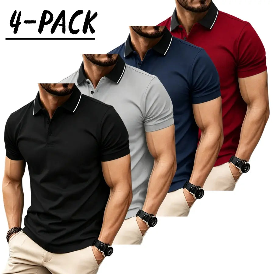 Men’s short sleeve polo shirt set of four pieces with a turn down collar and three buttons; urban casual style with contrast piping at the collar, slim tailored shoulders, and refined bead detailing. Suitable for men’s commuting, shopping, and exploring s