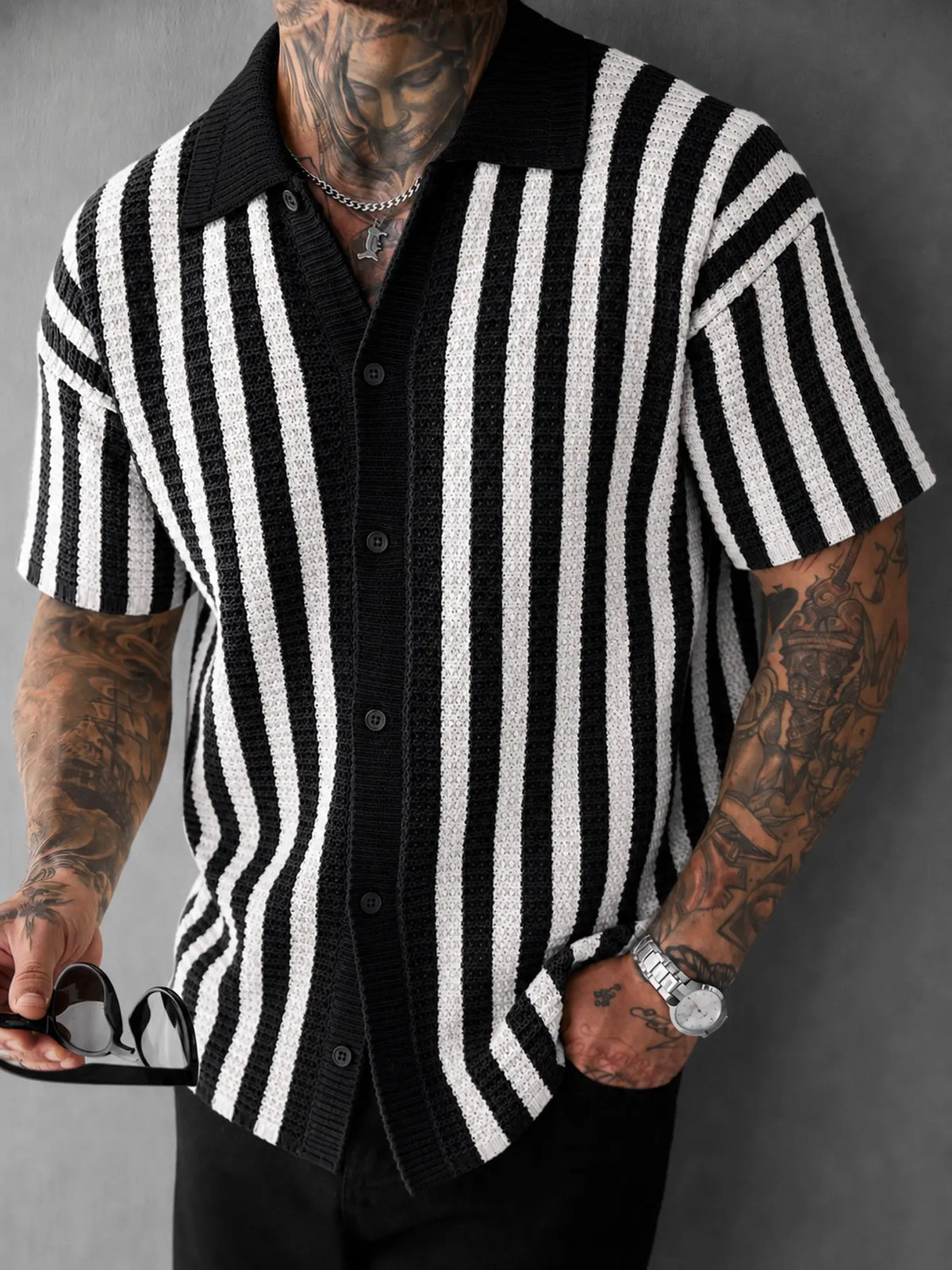 Men's Striped Knit Fabric Button Up Top - Short Sleeve, Collared, Lightweight, Breathable, Textured Menswear for Casual Outings, Beach Party, Weekend Travel