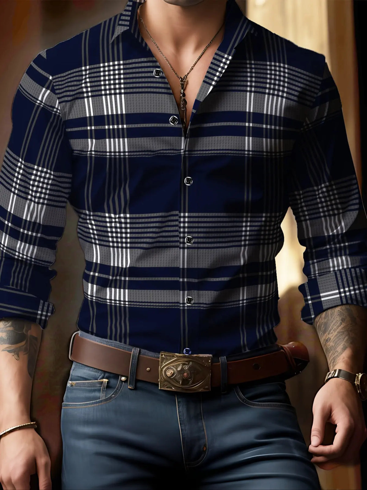 Men's Long Sleeve Casual Plaid Collared Shirt, Button Up Design, Simple Design, Ideal for Dates & Social Events, Great for Spring, Summer & Fall