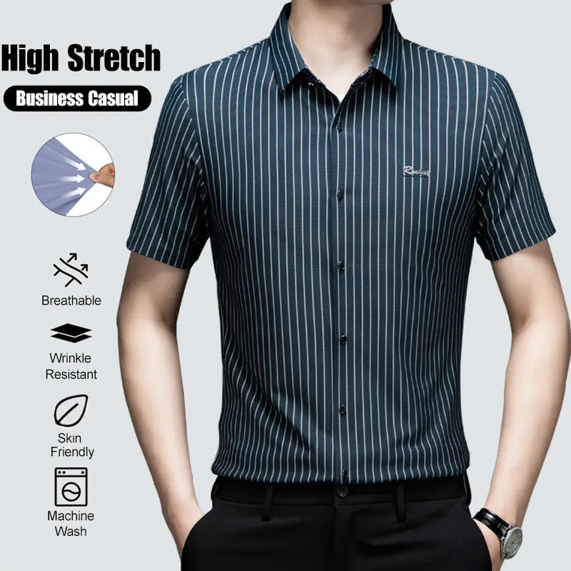 Men's Collared Short-Sleeved Formal Shirt - High-Elastic, Quick-Drying, Breathable, Wrinkle-Resistant, Expandable, Machine-Washable Classic Stripe Black Menswear with Tailored Fit - Nylon, Jersey Spandex, Polyester Top for Business Use