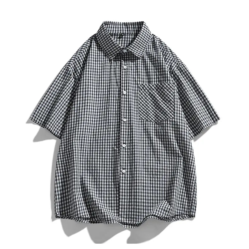 Men's Cotton Collared Neck Blue Checked Gingham Plaid Short-Sleeve Button-Down Tops - Oversized Loose Fit Menswear, Lightweight Breathable, Chest Pocket, Stylish Classical Man Style, Casual for Summer Beach Vacation