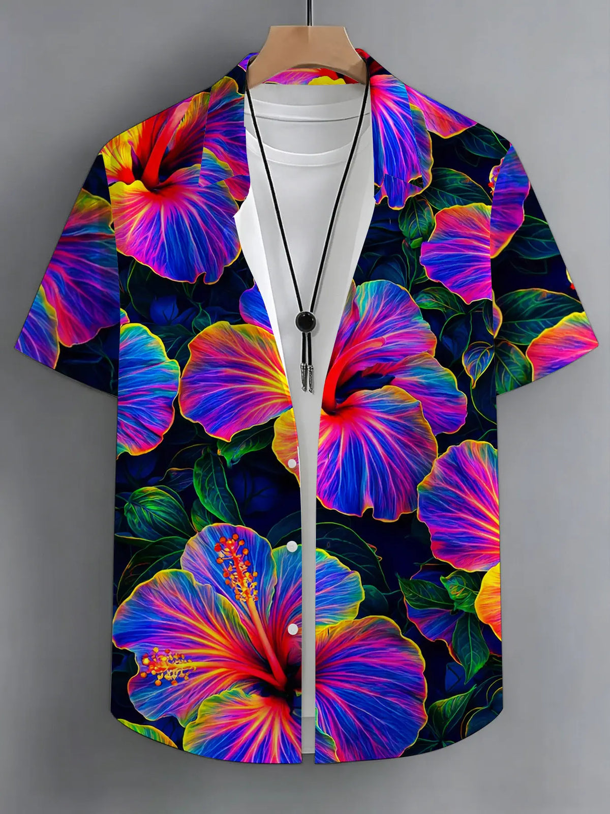 Men's Hawaiian Tropical Short Sleeve Button-Down Collared Shirt with Colorful Neon Hibiscus Print, Casual Tropical Shirt