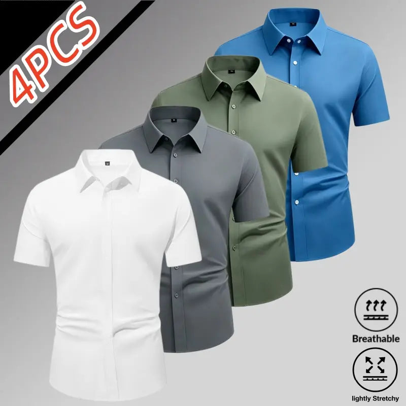 Sohochic Men’s 4-Pack Ice Silk High-Stretch Short Sleeve Shirts - Top Wardrobe Staples, Slim-Fit Button-Front Turn-Down Collar, Summer Breathable Skin-Friendly Drapey No-Iron Business Commuter Shirts