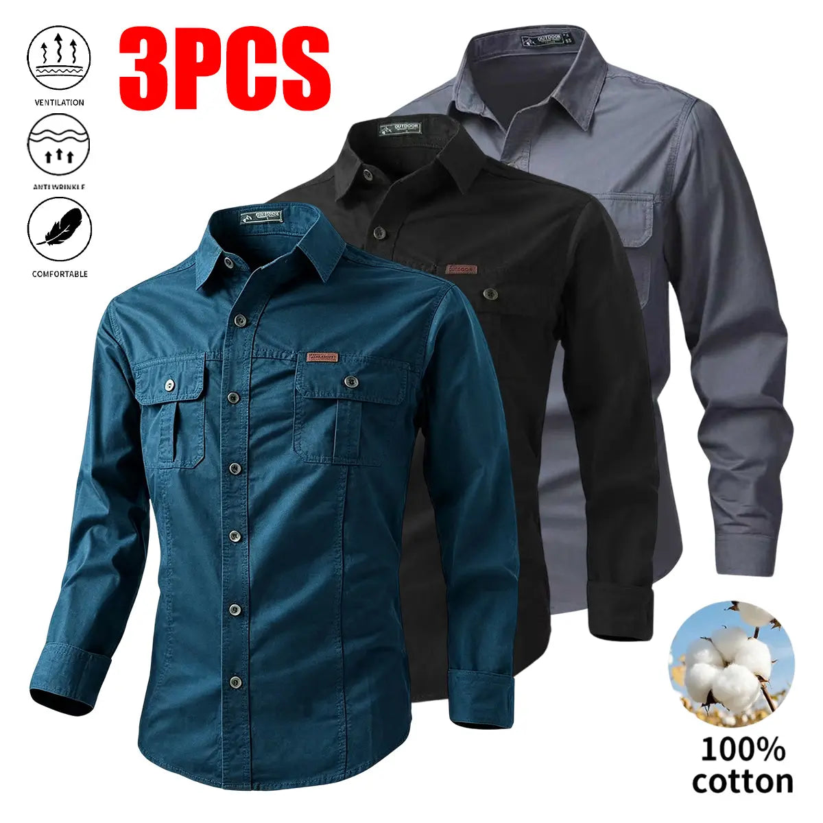 Set of three pure cotton long-sleeve work shirts for men: button-up work/utility tactical shirt for fishing and hunting; casual loose-fit long-sleeve button shirt with two pockets, suitable for outdoor hunting.