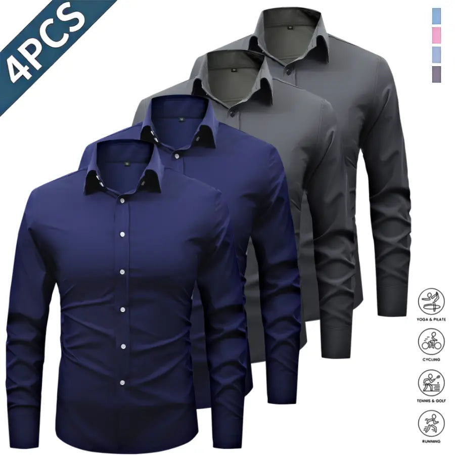 Men’s Solid-Color Long-Sleeve Shirts (4-Pack) - Fashion Apparel with Notched Lapel Collar, Comfortable Neck Button Placement, Sharp Structured Fit, Stretch Fabric, Mens Gifts for Fathers Day, 4 Shirts Refresh Your Rotation
