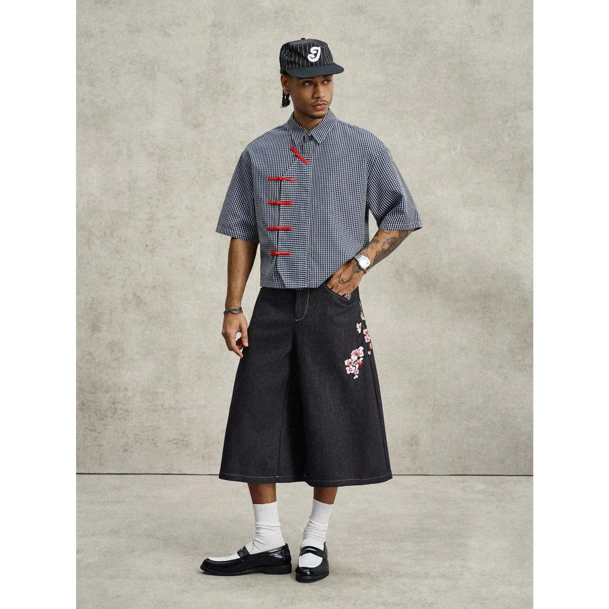 Men's Black And White Plaid Summer Streetwear City Break Short Sleeve Chinese-Style Button-Up Retro Oblique Collar Shirt