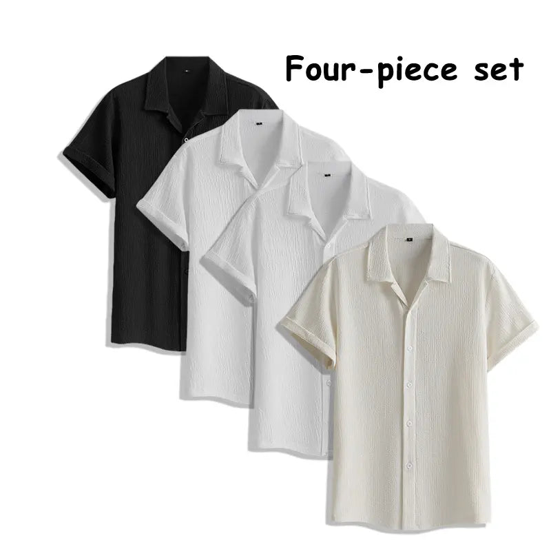 Men's 4-Pack Button Up Short Sleeve Collared Dress Shirts, Stylish Solid Color Men's Clothing Top, Comfortable Breathable Lightweight Turn-Down Collar Shirts for Commuting