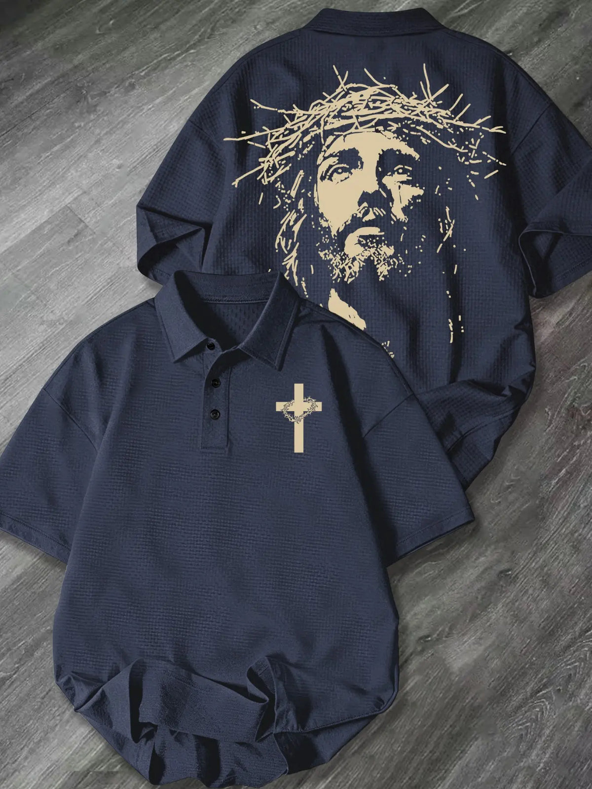 Mens Collared Waffle Knit Classic Streetwear Polo Shirt Thorn Crown Cross Portrait Graphic Chest & Back Print Faith Themed Casual Short Sleeve Top For Daily Church Urban Relaxed Leisure Outfit Printed Polo Shirts