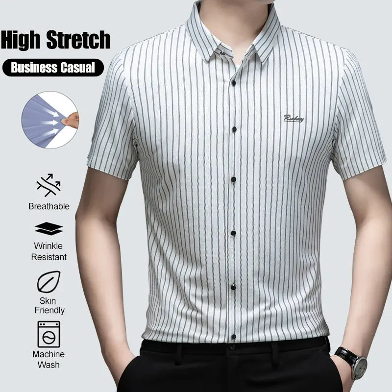 Men's Collared Short-Sleeved Formal Shirt - High-Elastic, Quick-Drying, Breathable, Wrinkle-Resistant, Expandable, Machine-Washable Classic Stripe Black Menswear with Tailored Fit - Nylon, Jersey Spandex, Polyester Top for Business Use
