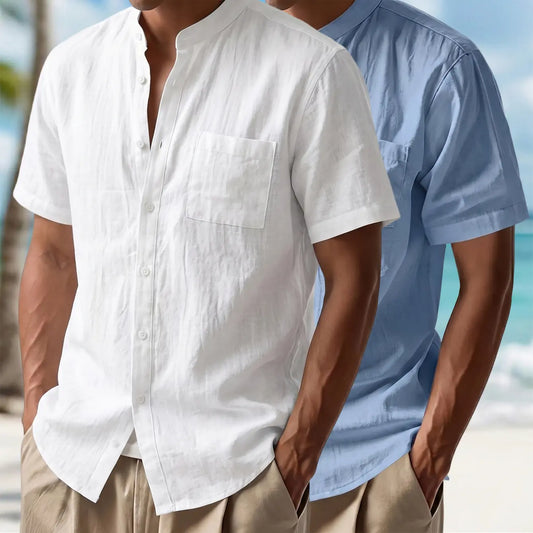 Men's 2-Pack Plain Casual Cotton-Linen Short-Sleeve Shirts - Stand Collar, Single-Button Front, Pocketed Tops, White + Light Blue, Breathable for Hot Days, Vacation Wear