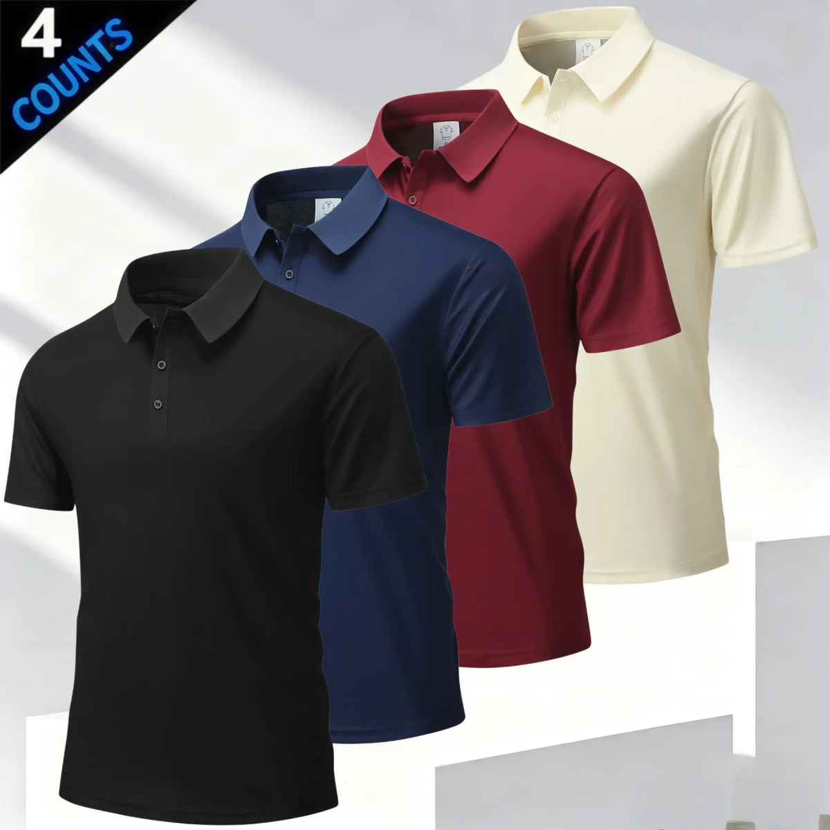 Men's 4 Plain Short-Sleeve Smart Casual Polo Shirts Top, Business Style with Classic Turn-Down Collar, Refined Buttons, Breathable Skin-Friendly Mesh Fabric, Versatile Multi-Season Fit