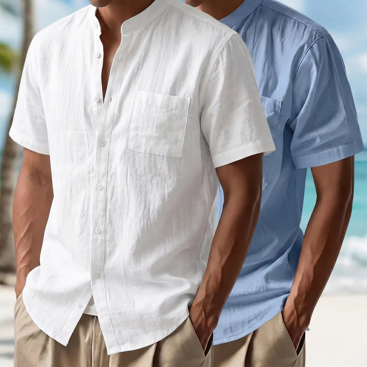 Men's 2-Pack Plain Casual Cotton-Linen Short-Sleeve Shirts - Stand Collar, Single-Button Front, Pocketed Tops, White + Light Blue, Breathable for Hot Days, Vacation Wear